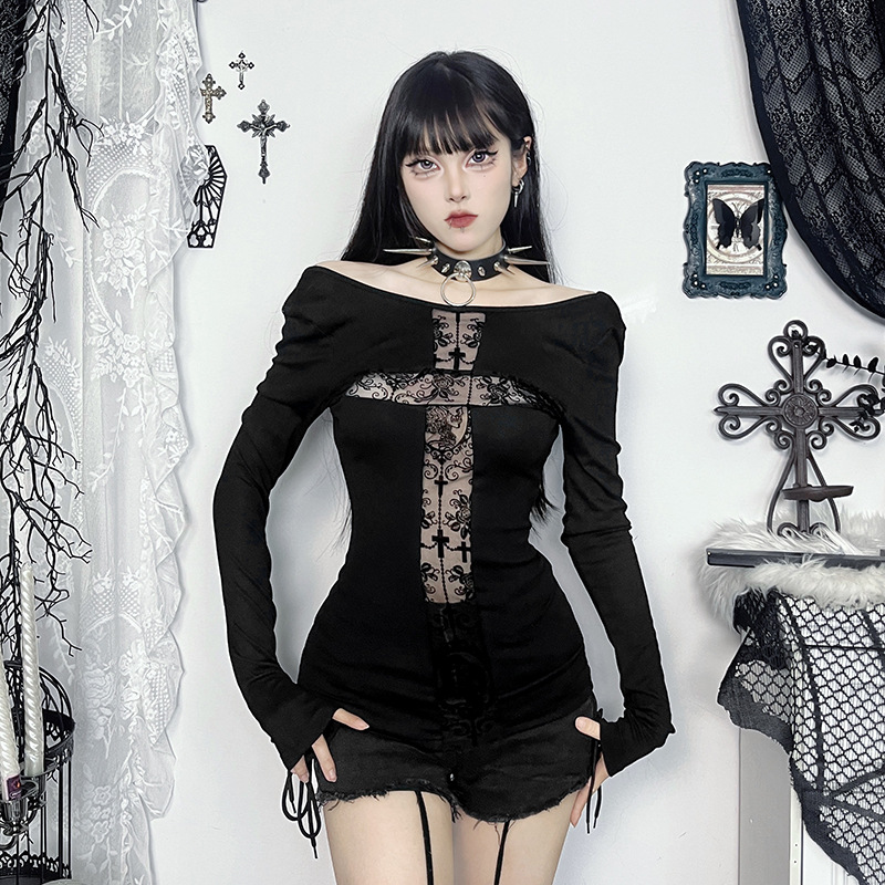 Gothic T-shirt Black Long Slee - Summer Goth Clothing 评论和价格